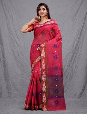 red cotton blend handwoven soft saree 1