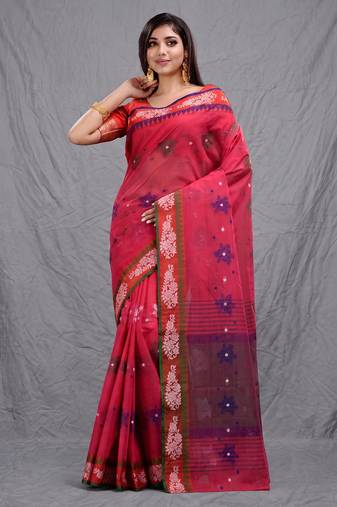 red cotton blend handwoven soft saree