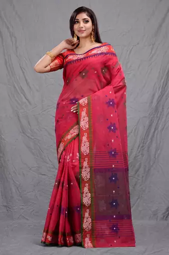 red cotton blend handwoven soft saree