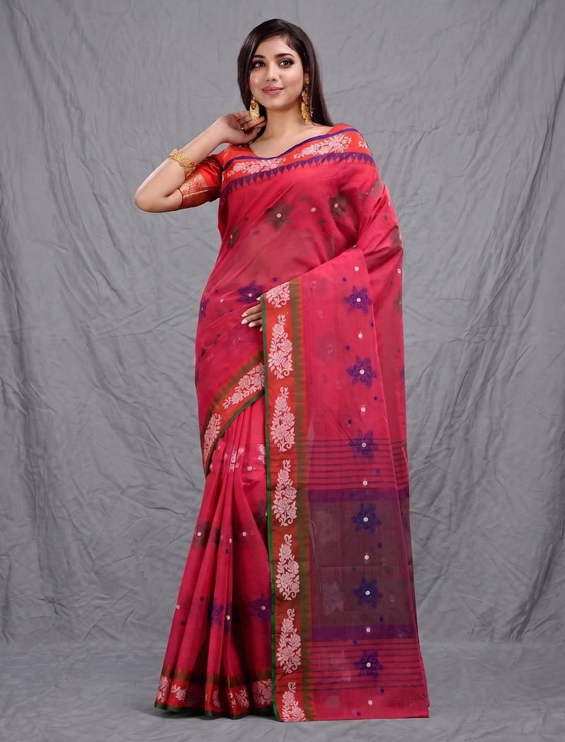 red cotton blend handwoven soft saree