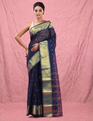 midnight blue cotton blend taant saree with zari border 1