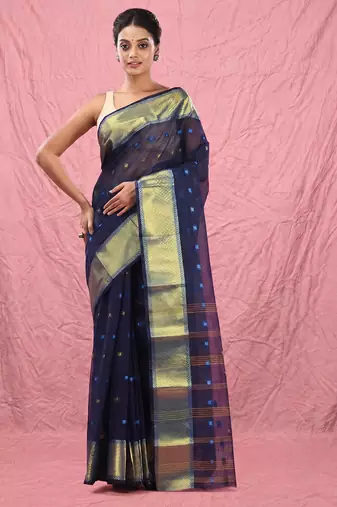 midnight blue cotton blend taant saree with zari border