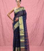 midnight blue cotton blend taant saree with zari border
