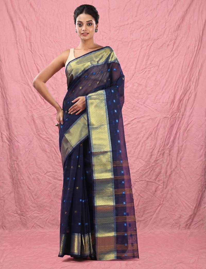 midnight blue cotton blend taant saree with zari border