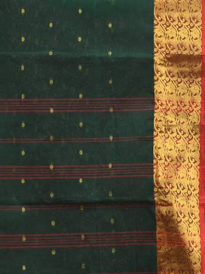 dark green cotton blend taant saree with zari border 4