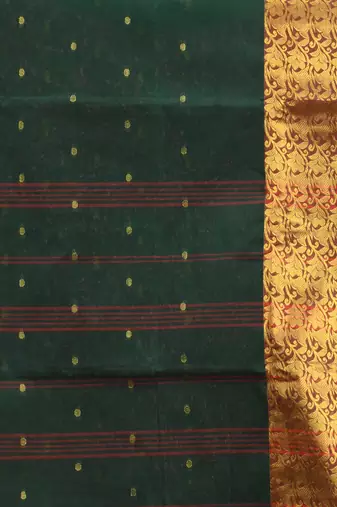 dark green cotton blend taant saree with zari border