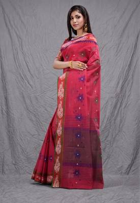 red cotton blend handwoven soft saree 2