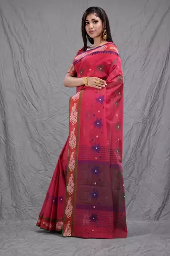 red cotton blend handwoven soft saree