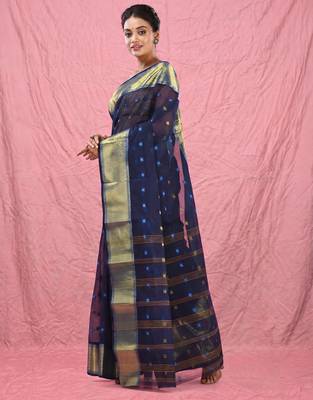 midnight blue cotton blend taant saree with zari border 2