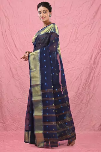 midnight blue cotton blend taant saree with zari border
