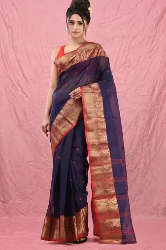 navy blue cotton blend taant saree with zari border