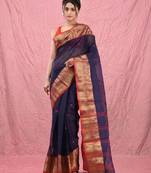 navy blue cotton blend taant saree with zari border