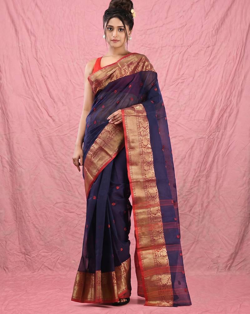 navy blue cotton blend taant saree with zari border