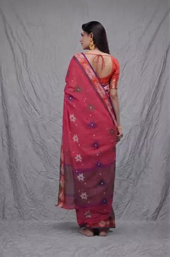 red cotton blend handwoven soft saree