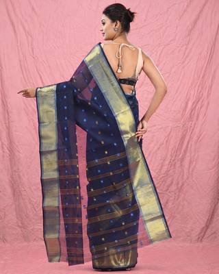 midnight blue cotton blend taant saree with zari border 3