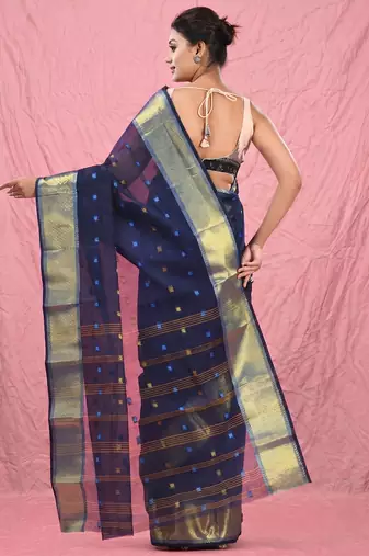 midnight blue cotton blend taant saree with zari border