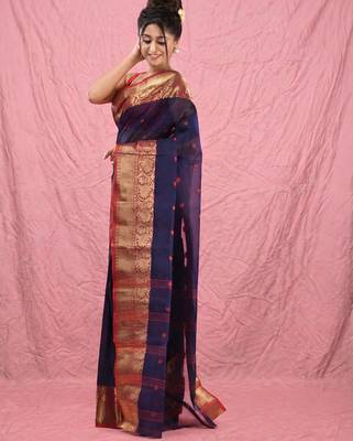 navy blue cotton blend taant saree with zari border 2