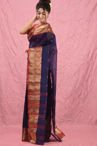 navy blue cotton blend taant saree with zari border