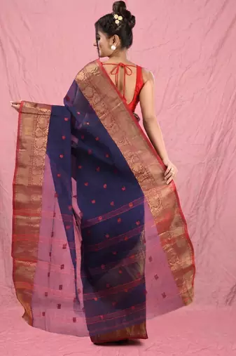 navy blue cotton blend taant saree with zari border