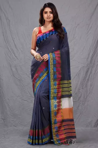 grey handspun cotton blend soft saree with woven design
