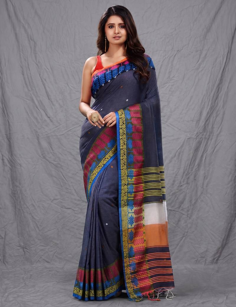 grey handspun cotton blend soft saree with woven design