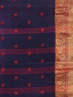 navy blue cotton blend taant saree with zari border 4