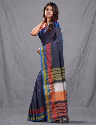 grey handspun cotton blend soft saree with woven design 2