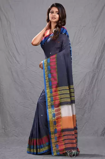 grey handspun cotton blend soft saree with woven design