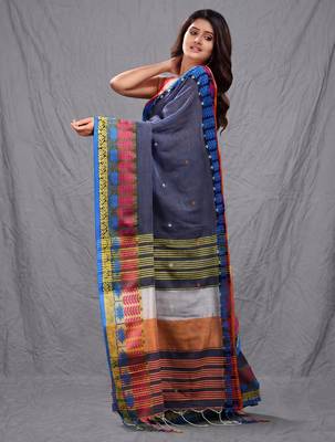 grey handspun cotton blend soft saree with woven design 3