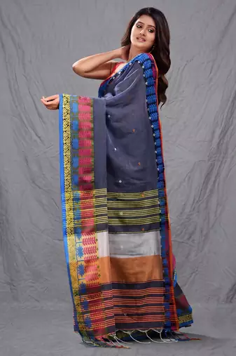 grey handspun cotton blend soft saree with woven design