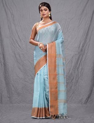sea green cotton blend soft saree with temple bordar 1