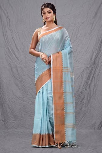 sea green cotton blend soft saree with temple bordar