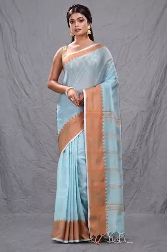 sea green cotton blend soft saree with temple bordar