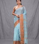 sea green cotton blend soft saree with temple bordar