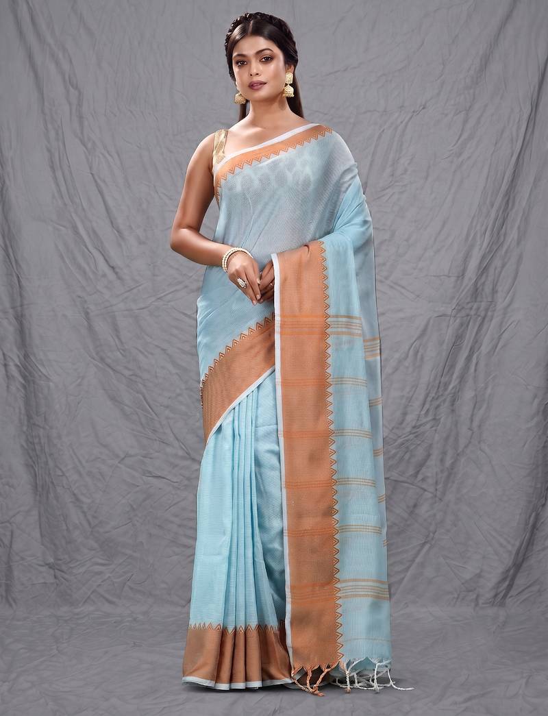 sea green cotton blend soft saree with temple bordar