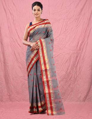 grey cotton blend taant saree with woven designs 1