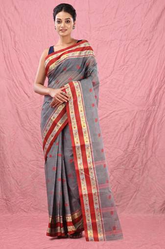 grey cotton blend taant saree with woven designs
