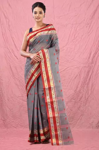 grey cotton blend taant saree with woven designs