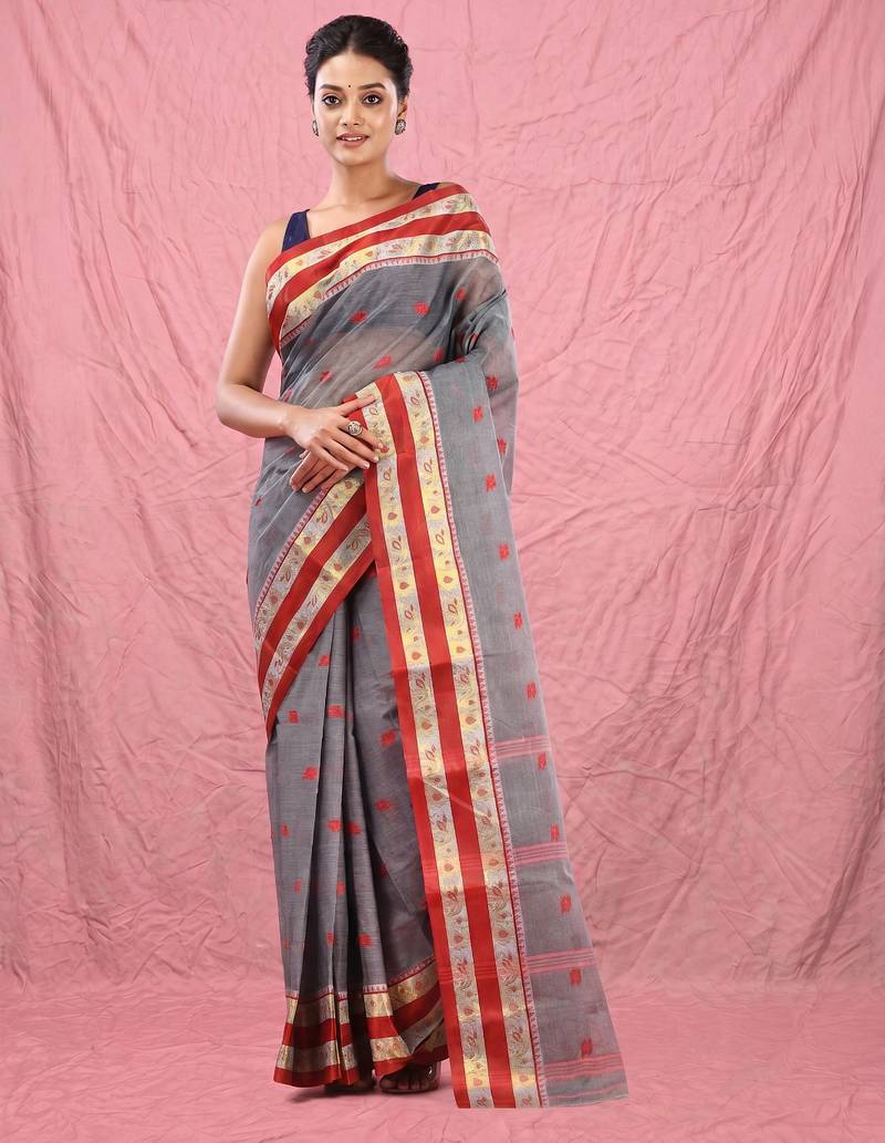 grey cotton blend taant saree with woven designs