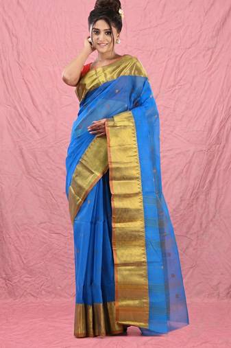 sapphire blue cotton blend taant saree with zari border
