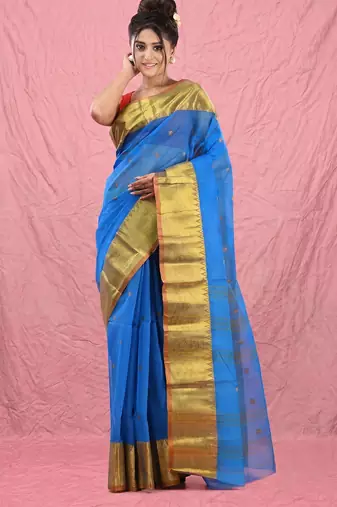 sapphire blue cotton blend taant saree with zari border