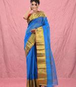 sapphire blue cotton blend taant saree with zari border