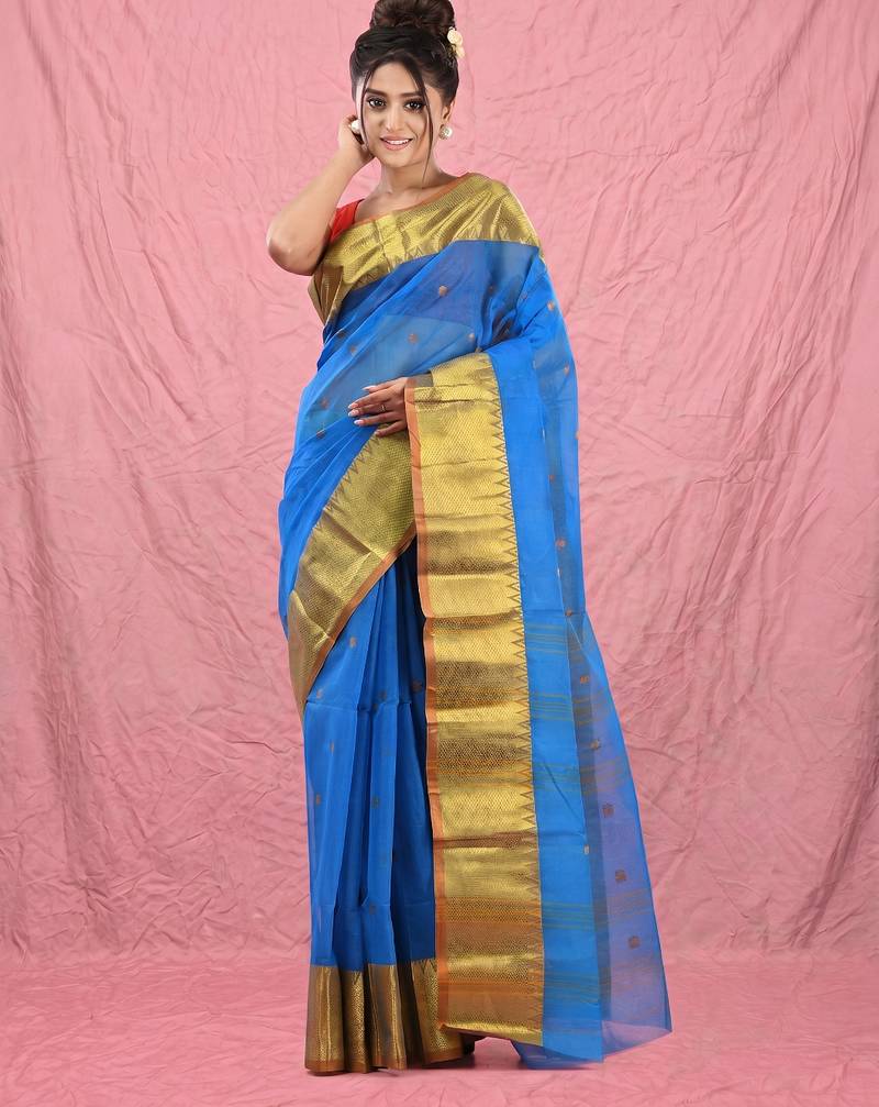 sapphire blue cotton blend taant saree with zari border