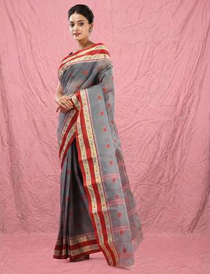 grey cotton blend taant saree with woven designs 2