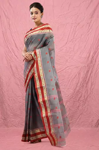 grey cotton blend taant saree with woven designs