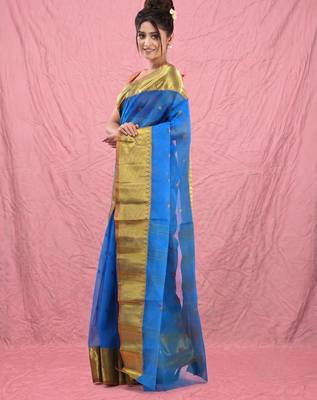 sapphire blue cotton blend taant saree with zari border 2