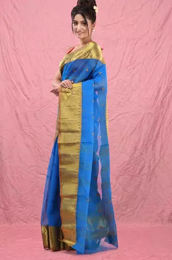 sapphire blue cotton blend taant saree with zari border