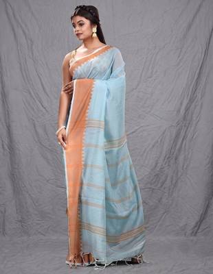 sea green cotton blend soft saree with temple bordar 2