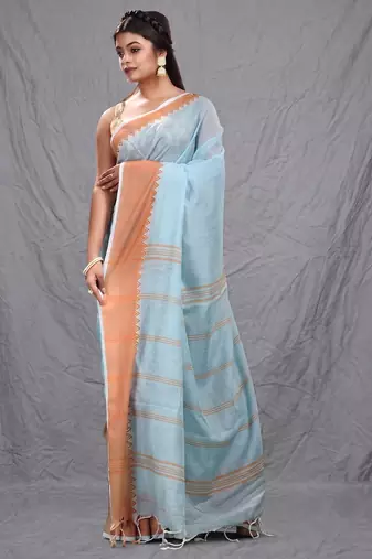 sea green cotton blend soft saree with temple bordar