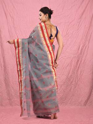 grey cotton blend taant saree with woven designs 3